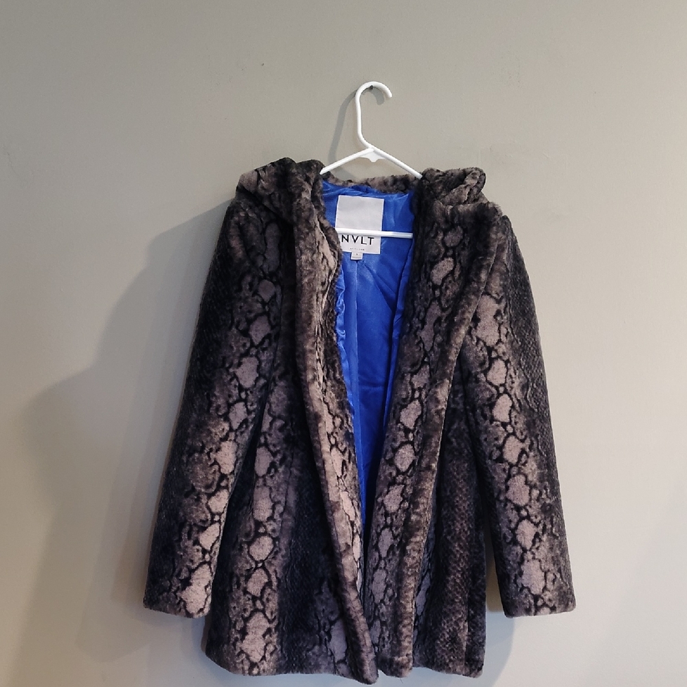 NVLT Women's Large Snake-Print Faux‎ Fur Coat with Royal Blue Lining And Hood